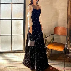 パーティードレス ワンピース  長袖 シースルー袖  オフショルダー 上品 大人 きれいめ ロング丈 フレア ビジュー スパンコール きらきら  無地 お呼ばれ 二次会 結婚式 0691