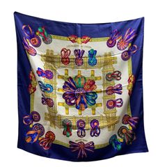 ◆中古品◆Hermès エルメス スカーフ カレ90 馬のリボン 総柄 箱有 シルク100% 大判 レディース ホワイト×ネイビー系 Q89278NIのサムネイル