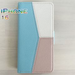 iPhone 16 スマホ ケース 手帳型 ブルー 水色 カードケース ストラップ付き トリプルカラー トリカラー