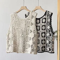 ベスト ジレ レディース 秋 花柄 刺繍 レース クロシェ編み 丸首 ノースリーブ トップス674