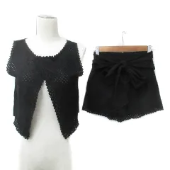 スナイデル SNIDEL セットアップ 上下 ブラウス カットソー ノースリーブ ショートパンツ 短パン 総レース 刺繍 リボン 0 XS 黒 ブラック /FF17