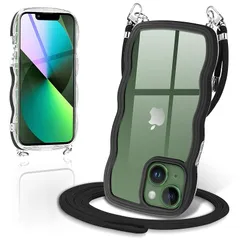 iPhone13 / iPhone14 ケース ショルダー クリア TPU いPhone13 スマホケース カバー 創意 個性 肩掛け 首掛け 斜めかけケース 可愛い かわいい 韓国 透明 薄型 耐衝撃 アイフォン13/14(ブラック)