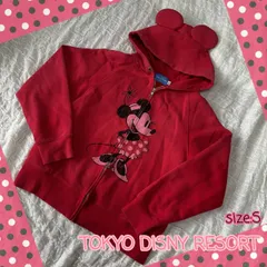 東京ディズニーランド　東京ディズニーリゾート　　ヴィンテージ風プリント　ミニー　耳付き　パーカー　ジップ　フード　レッド　S　★1000