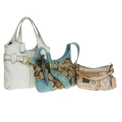 【中古】 3点セット コーチ COACH シグネチャー ショルダーバッグ ホワイト グリーン ブラウン キャンバス レザー 03JA259