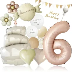 【新品】 deerzon くすみベージュ 6歳 くすみカラー 数字 バルーン 誕生日 飾り付け 18点 セット 大きい 65cm 数字バルーン くすみ ニュアンスカラー ナンバーバルーン バースデーバルーン セット6 0