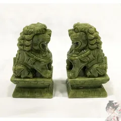 【玉ちゃん】砡製 翡翠 獅子 一対 置物　中国 天然石 Amazon.co.jp: 中国美術玉製玉石獅子像一対専用箱オブジェ神獣