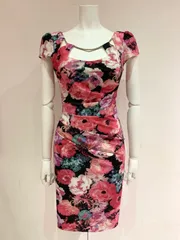 1432 ROBE de FLEURS Glossy ローブドフルールグロッシー キャバクラ ドレス 花柄プリント タイト ミディ パフスリーブ フラワー 伸縮性 キャバドレス S