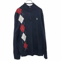 U.S. POLO ASSN. ニット セーター L ブラック レッド グレー ハーフジップ アーガイル ロゴ 古着卸 アメリカ仕入 a509-5932