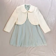 美品  DECORA PINKY'S デコラピンキーズ 女の子 子供用 スーツ ワンピース 120㎝  ホワイト ミントブルー プリーツ リボン フリル レースドット かわいい 卒園式 入園式