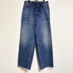 HAIKURE イタリア製 BETTY ワイドテーパードデニムパンツ ストレートデニム ハイウエスト 裾カットオフ仕様 ボタンフライ 23インチ ミッドブルー ヴィンテージ風 ウォッシュ加工