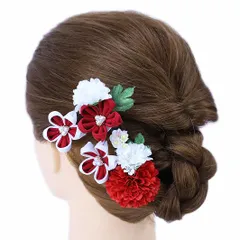 髪飾り 成人式 つまみ細工 赤 振袖 前撮り 袴 浴衣 夏祭り 花火大会 豪華3点セット 白 ちりめん パール ヘアアクセ かんざし No.9-3627