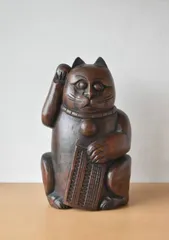 竹根彫刻 招き猫 大正?昭和前期 高さ28cm 算盤☆ 竹細工 木工