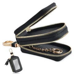 【新着商品】メンズ レディース レディース カラビナ付き キーホルダー スマートキー対応 鍵 クリア窓付き スマートキーケース スマートキーケース ダブル ダブル レザー PU 車キーケース ダブルファスナー キーリング キーケース 2個収納 [YooFa]