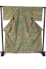 小紋　紬　板締め　絞り　杉綾紋　カーキグリーン　オレンジ　着物　083w d 2025年最新】板締め絞りの人気アイテム - メルカリ