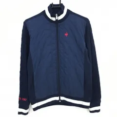 【美品】ルコックゴルフ 切替ニットジャケット ネイビー×白 ロゴ刺しゅう ウール混 レディース M ゴルフウェア le coq sportif