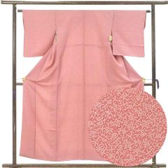 小紋 身丈155cm 裄63cm 前幅22.5cm 後幅28cm 袖丈49cm 袖幅32.5cm レディース 袷 江戸小紋 裄Mサイズ 秋冬春用 正絹（シルク）ピンク やや難 リメイク リユース リサイクル【呉服のきくや】