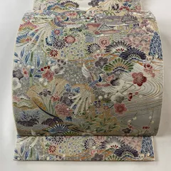 袋帯 秀品 建物 花鳥 金糸 箔 銀色 六通 正絹 【中古】