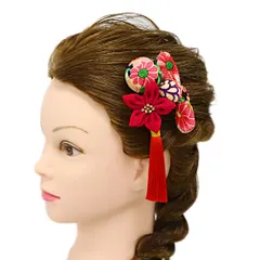 髪飾り 成人式 つまみ細工 赤 振袖 前撮り 袴 花 4点セット 白 黒 ちりめん 房 房付き 玉飾り りぼん リボン かんざし 和柄 お No.9-5024