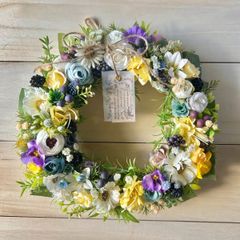 7-42 春リース　春待ちリース　母の日　カラフルリース　ドアリース　玄関リース　ビオラ　薔薇　グリーンリース　ウォールグリーン　ナチュラルリース　ボタニカルリース　店舗　什器　ディスプレイ　ナチュラルインテリア