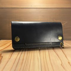 昭南多脂ベンズブラック・ロングトラッカーウォレット（42TALONジッパー／真鍮金具／黒染コバ仕上げ）