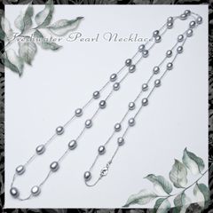 淡水パール ステーションネックレス ロング 120cm グレー