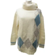 ブルーレーベルクレストブリッジ BLUE LABEL CRESTBRIDGE 美品 近年 ウール タートルネック ニット セーター チュニック アーガイルチェック 金ボタン ストレッチ有 白 ホワイト 水色 グレー 38 約M STK 1126