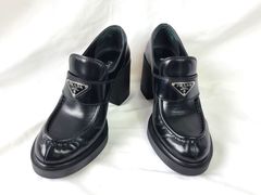 プラダ チョコレートブラッシュドレザー ヒール ローファー サイズ38 ブラック PRADA