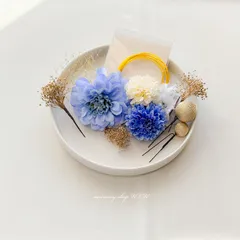 水色ダリア 髪飾り ピンポンマム 水引き 金箔 玉かんざし 和装 成人式 卒業式 ヘッドドレス 振袖 袴 結婚式 ブライダル ウェディング ドライフラワー