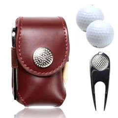 【特売】SORIOKI ゴルフボールケース 本牛革製 【4点セット】ボール2個 付属 グリーンフォーク マーカー ボールポーチ (茶色) コンパクト