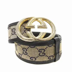 グッチ GUCCI オールドグッチ ヴィンテージ ベルト インターロッキング GGキャンバス 90 32 ゴールド金具 紺 ベージュ /JS ■GY18