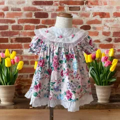 ベビー【サイズ不明】　ヴィンテージベビードレス　ワンピース　花柄　襟フリル　ピンク　レース