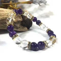 水晶&アメジスト　パワーストーン ブレスレット 天然石 (ゴールド) 8mm レディース  ●