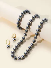 ジュエリー レディース セット 4点セット ダークグレー フェイクパール メタリックビーズネックレス ブレスレット ピアス ジュエリーセット