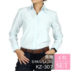 長袖 レディース 4枚セット 無地 ブルー ワイシャツ ブラウス Vネック(開襟) 形態安定 S M L LL 3L KZ-307 x4枚 WAWAJAPAN