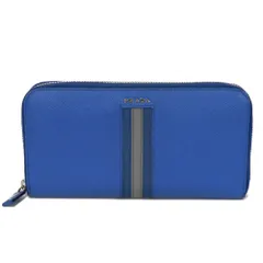 PRADA プラダ サフィアーノ ストライプ ラウンドジップウォレット グレー ラウンドファスナー マチ付き 札入れ カードケース コインケース ロングジップウォレット ロゴ メタル ブルー 長財布 2ML317