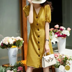ワンピース レディース 半袖 Vネック 膝丈 パフスリーブ Aライン 春 夏 ボタン レトロ フェミニン エレガント リネン コットン イエロー 白 ホワイト 韓国