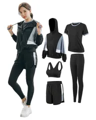 【特価商品】[DawnRain] スポーツウェア レディース ヨガウェア トレーニングウェア ランニングウェア 上下 5点セット 伸縮性 通気 吸汗速乾 フィットネス ジャージ スポーツブラ ロングタイツ パーカー 半袖 短パンツ 春夏秋冬