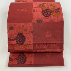 【洒落袋帯】未使用品◇木屋太謹製◇ユーモラス果物文様/深臙脂色/424cm 洒落袋帯】未使用品◇木屋太謹製◇ユーモラス果物文様/深臙脂色/