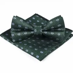 2点セット 蝶ネクタイ　ポケットチーフ チーフ ハンカチ　花柄　格安　グリーン色 シルバー　結婚式 パーティー イベント ダンスパーティー バーテンダー　ワンタッチ スーツ ワイシャツ ネクタイ ハンカチ 2点 セット 格安 小物