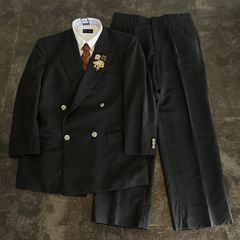 【JAPANESE VINTAGE】5点セット セレモニー ダブルスーツ セットアップ 上下 メタルボタン 刻印ボタン ブラック系 最高級生地 Ermenegildo Zegna ゼニア 成人式 卒業式 結婚式（ユーロピンズ＆シャツ＆ネクタイ おまけ）No73