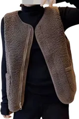 emptio エンプティオ ポケット付き ルームウェア ジップ ベスト 前開き レディース ボア 部屋着 モコモコ お洒落 可愛い 丸首 短め ポケット体型カバー トップス 前ファスナー 室内 セットアップ モード(チョコレートブラウン,  L)