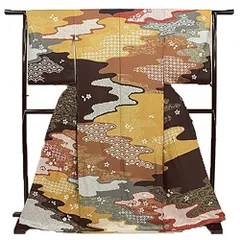 本加工友禅刺繍 濃焦茶色地 霞 桜 椿 桔梗 橘模様 正絹 訪問着 仮絵羽 着物 No.2-0009