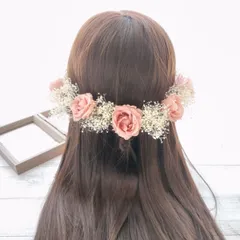 ヘッドドレス 髪飾り＊結婚式 成人式 卒業式~プリザーブドローズ かすみ草~くすみピンク ホワイト 白 11本
