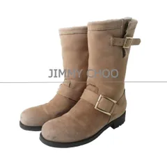JIMMY CHOO ジミーチュウ サイズ35.5 約22.5㎝ エンジニアブーツ ショートブーツ ムートンブーツ ロゴプレート サイドベルト ラウンドトゥ ボア スエード レザー ベージュ レディース