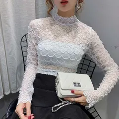 レディース 花柄レース 長袖 ブラウス おしゃれ きれいめ インナー ハイネック レースブラウス 総レース フリル スケスケ セクシー 重ね着 長袖 トップス シースルー シャツブラウス レースブラウ