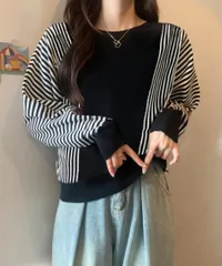 レディース ストライプ配色 ドルマン ニット 体型カバー トップス セーター