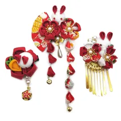 [JZOON] 髪飾り 3点セット 成人式 七五三 浴衣 袴 着物 振袖 和装 つまみ細工 花 卒業式 結婚式 人気 和服 ヘアーアクセサリー かんざし 結納 入学式 発表会 鈴付き 手作り