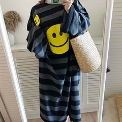 クーポンで10%OFF★レディース Tシャツワンピ ロングワンピース スマイル柄 春夏 ゆったり 大きいサイズ 長袖 ボーダー柄 LWDA228(2色L-4XL)