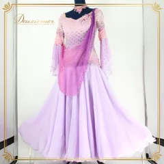 【社交ダンス衣装】パープル ワンピース ドレス フリル レース ラベンダー 紫 デモ 競技用 ダンス用 ピンク グラデーション ロング スカート ダンスウェア 優しい パステル ふんわり 女性らしい かわいい 綺麗 きれいめ エレガント レディース 女性用