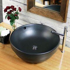 信楽焼 オーバーフロータイプ 手洗い鉢 洗面ボウル 陶器 幅46cm 大型サイズ 黒マット手洗い鉢 tr-6028